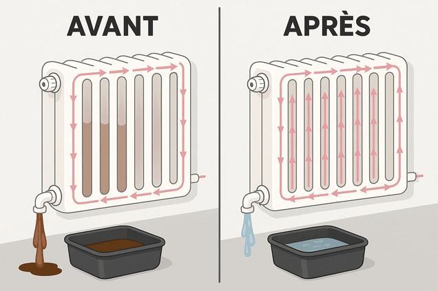 Technicien réalisant un désembouage, avant et après